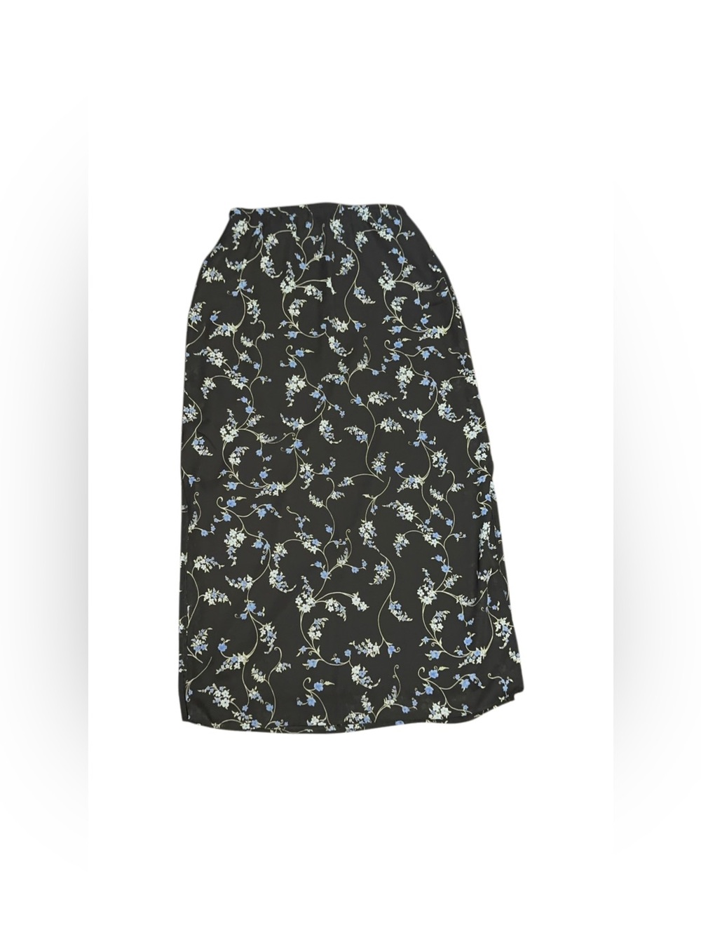 Black Floral Midi Skirt with Blue Accent